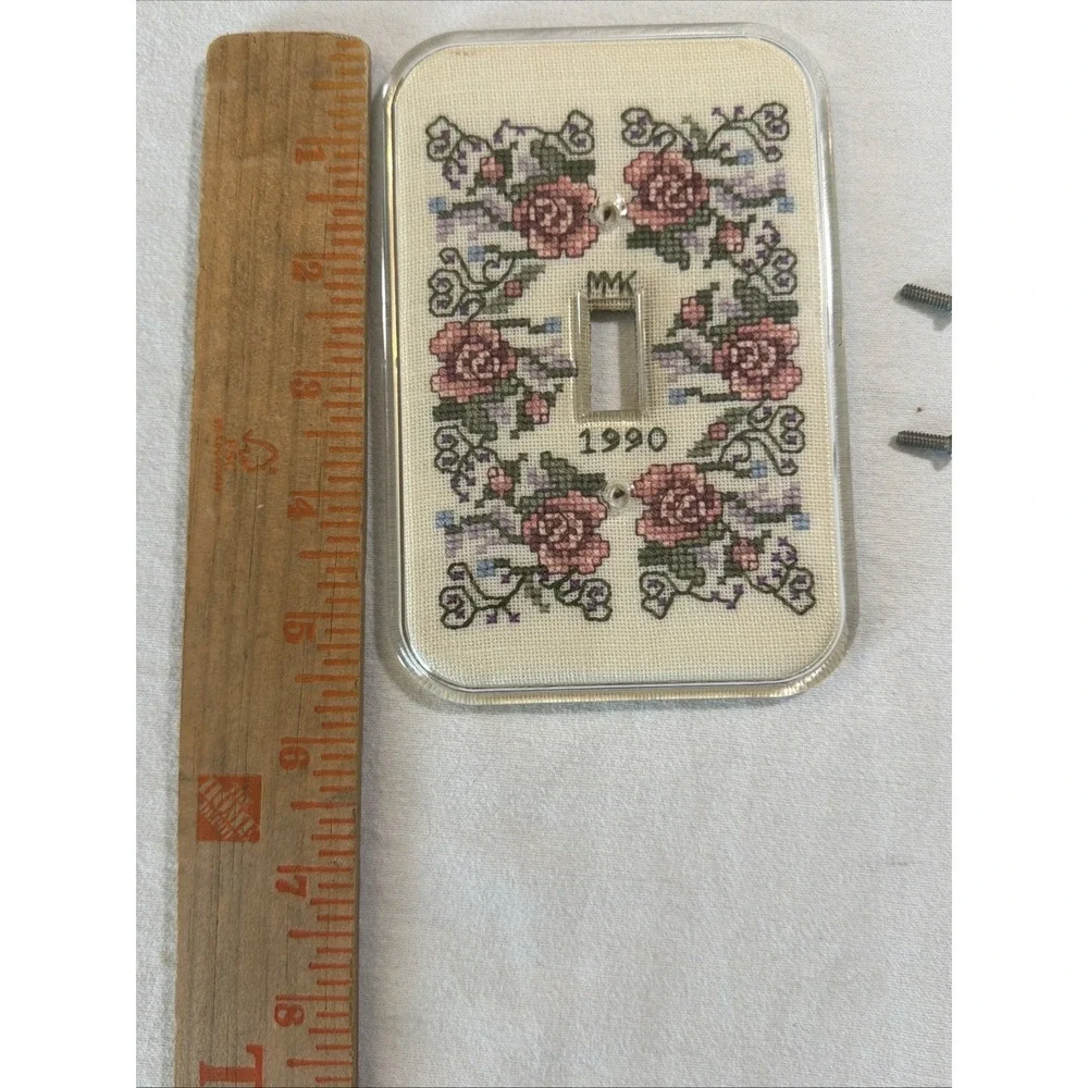 Vtg Finished Cross Stitch Single Toggle Light Switch Cover Floral Completed 1990